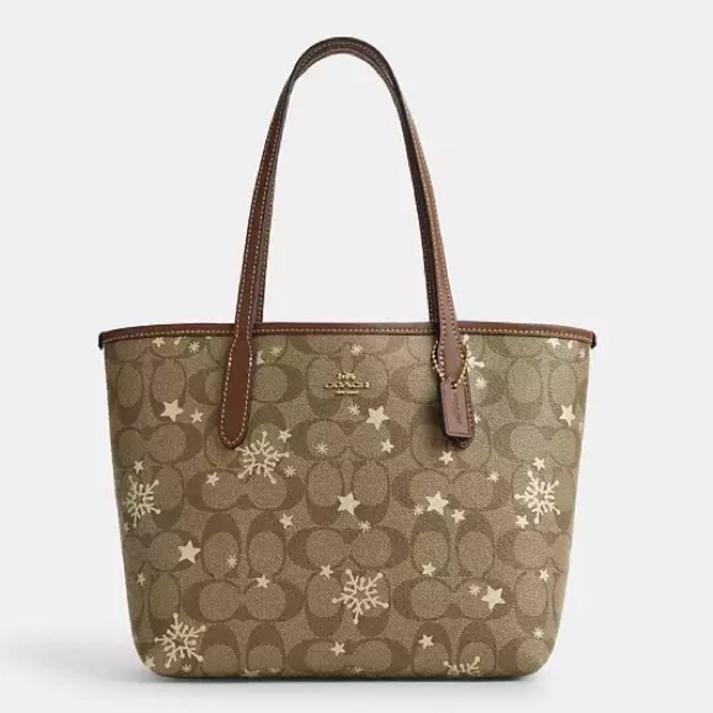 NWT Coach Mini City Tote Signature Canvas Khaki Saddle Gold Star Snowflake Bag - Picture 3 of 10